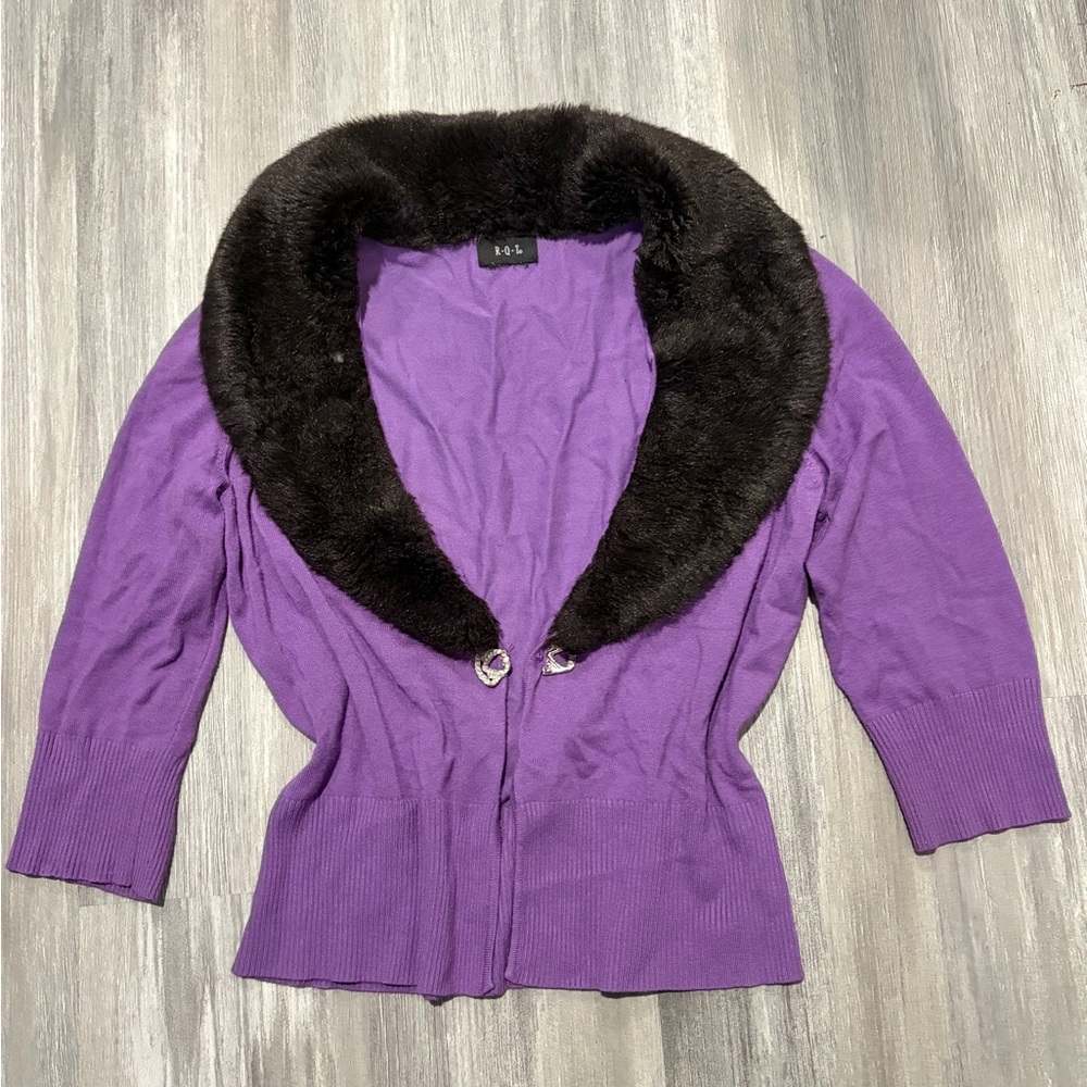 Purple Cardigan with Faux Fur Collar